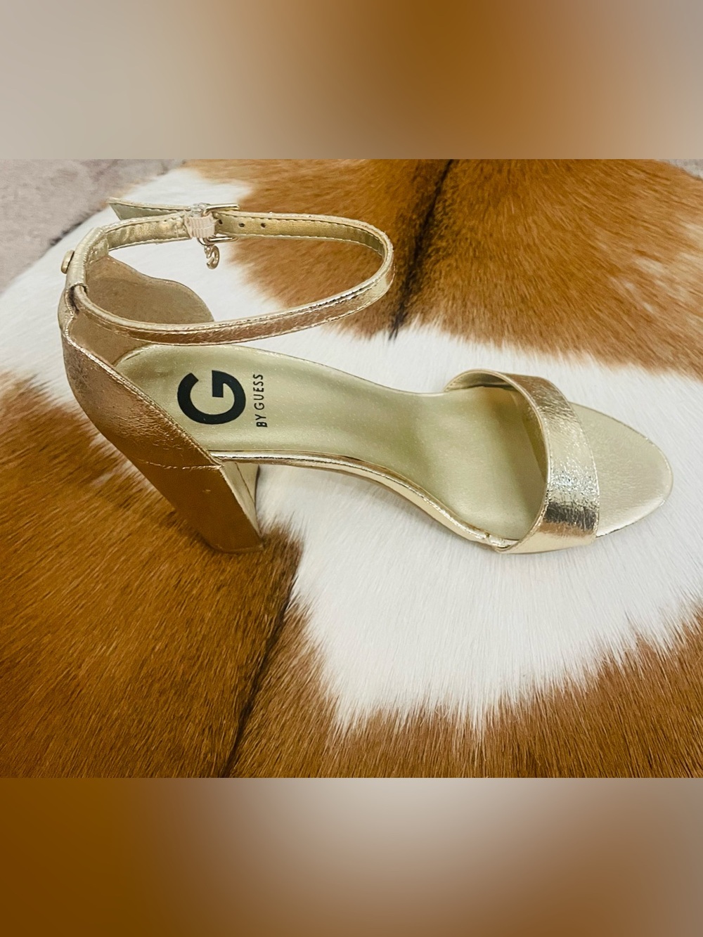 GUESS Gold Ankle-Strap Block Heel Sandals